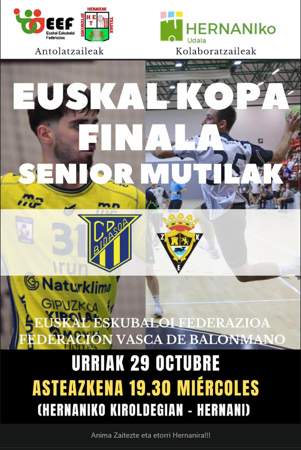 Euskal kopa finala (Senior mutilak) Hernanin jolatuko da